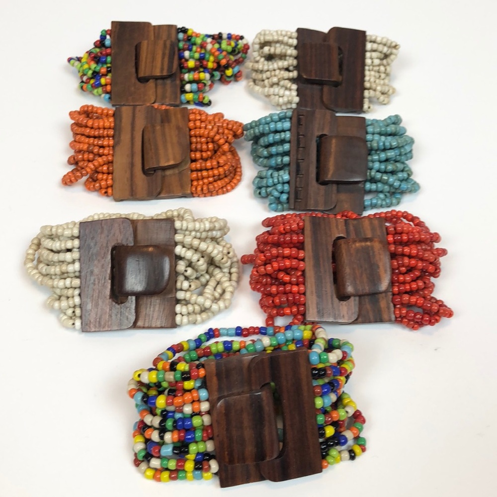 Multi Strand Glass Beaded Bracelets Wooden Closure